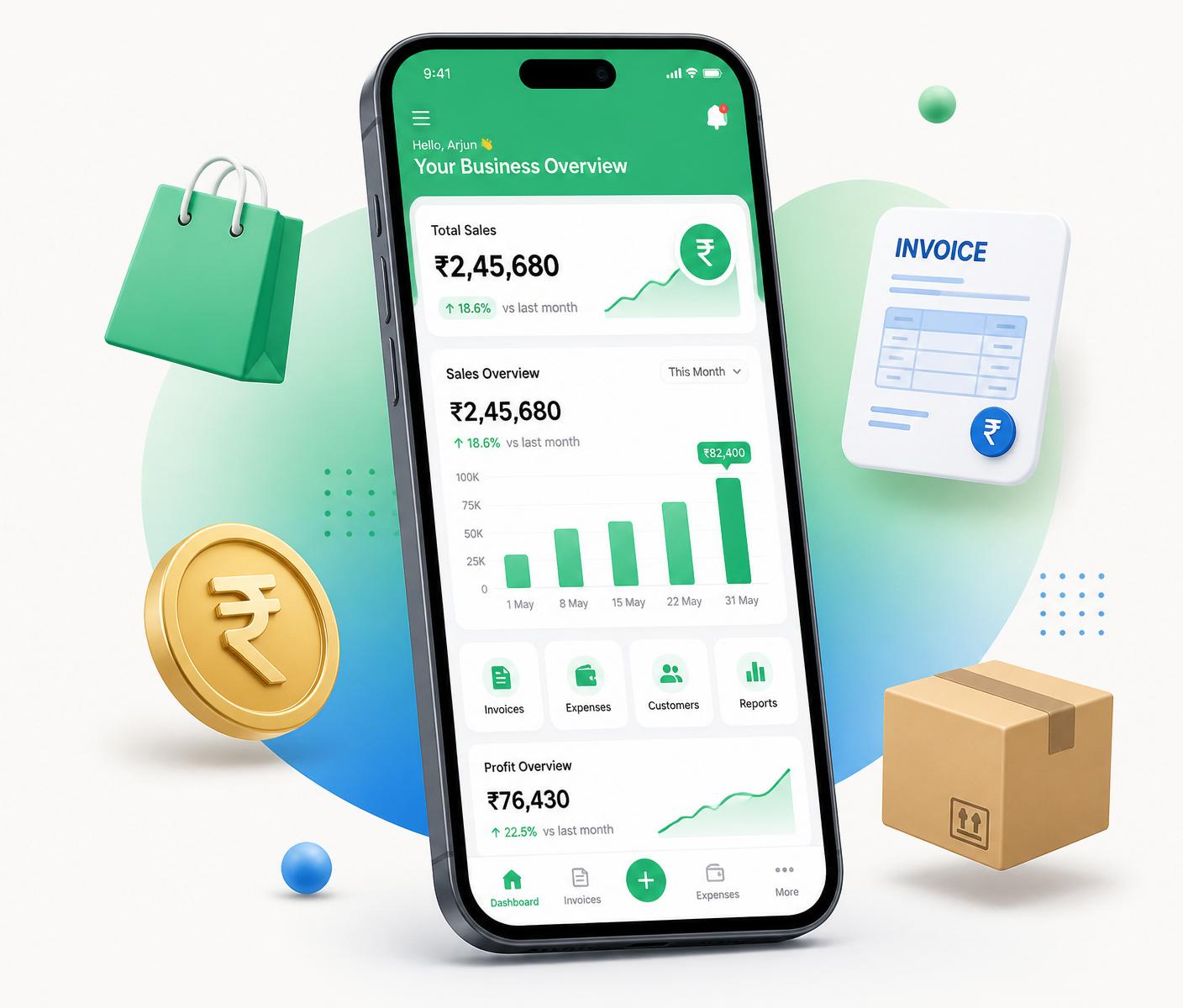 Kanakku dashboard on smartphone showing sales, expenses and profit charts